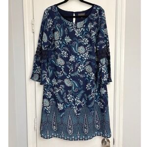 Luxology Sz 14 Floral Paisley Print Bell Sleeve Dress Blue‎